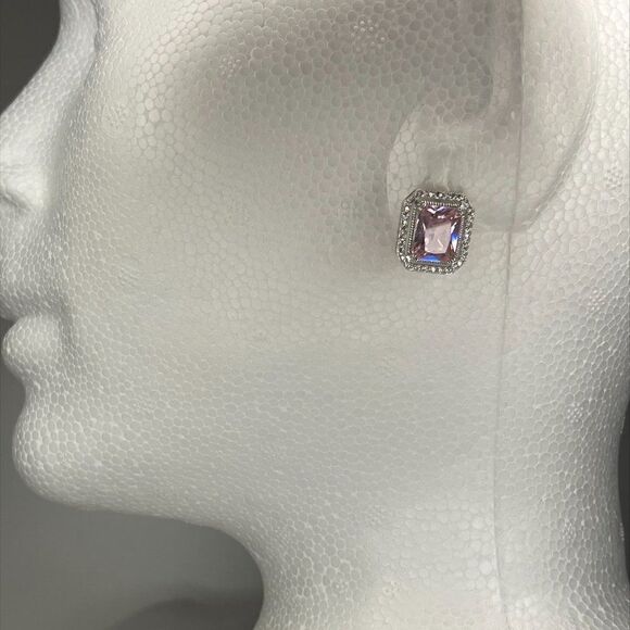 Topaz earrings, 925 sterling silver, pale pink, classic halo emerald cut. - Picture 4 of 16